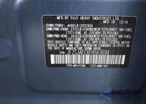 2015 Subaru Forester 2.5I Premium z USA, uszkodzony, nr VIN JF2SJAFCXFH563694